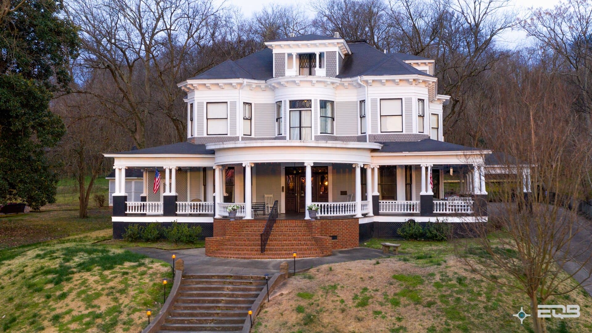 Aerial view of The Edwardian Inn in winter